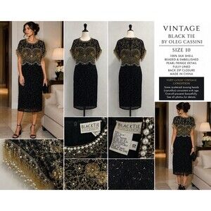 VTG Oleg Cassini Black Tie 100%Silk Beaded Cocktail Dress 10 Pearl Fringe Gatsby